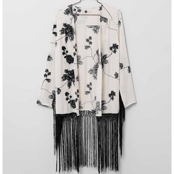 Tops - Tom & Eva Floral Stitch Embroidered Fringe Boho Kimono FREE SIZE